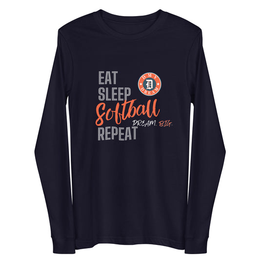 DMV Dream Eat Sleep Long Sleeve Softball T-Shirt (Unisex) - NAVY